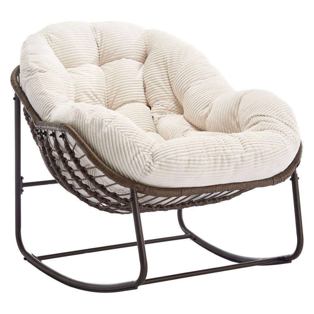 Wicker Outdoor Rocking Chair with White Cushion, Rattan Papasan