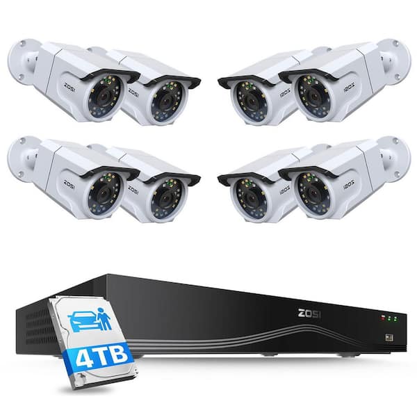 4K 8MP 16-Channel 4TB POE NVR Security Camera System with 8 Wired Outdoor Bullet Cameras, 32CH Expandable, White