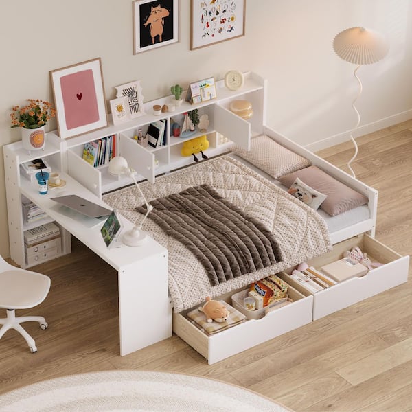 White Full Size Wood Daybed with Built-in Desk, Bookshelf, Cabinets and 2-Large Drawers