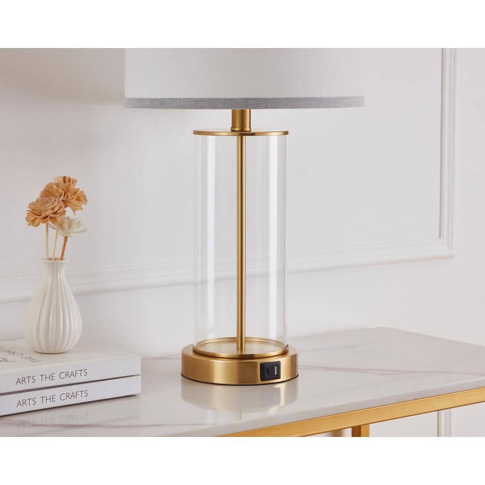 23.25" Clear Glass and Antiqued Brass Table Lamp Set with USB Ports