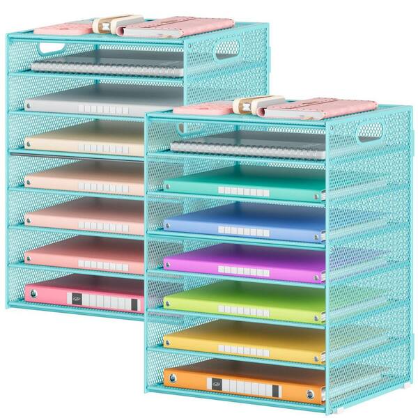12.7 in x 16.5 in Blue Metal 8 Tier Paper Organizer for Desk, with Handles, Including 5 Adjustable Slid Trays, 2 Pack