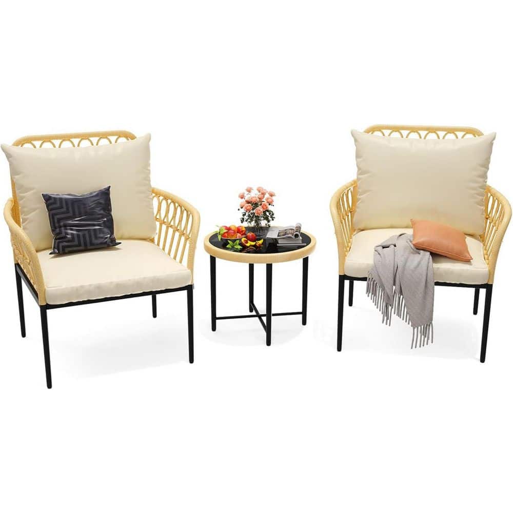 3-Piece Yellow PE Rattan Wicker Outdoor Bistro Set with Beige Cushions, Glass Top Coffee Table, Steel Frame for Garden price history on PriceWatchPro