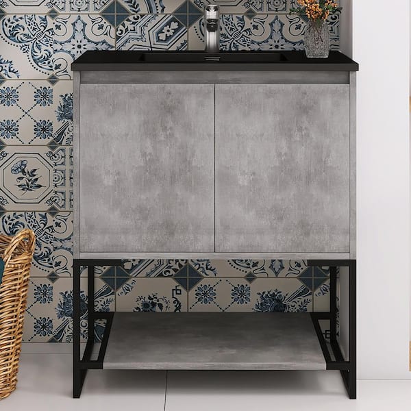 30 in. W x 18.9 in. D x 34.65 in. H Freestanding Bath Vanity in Concrete Gray with Black Quartz Sand Top