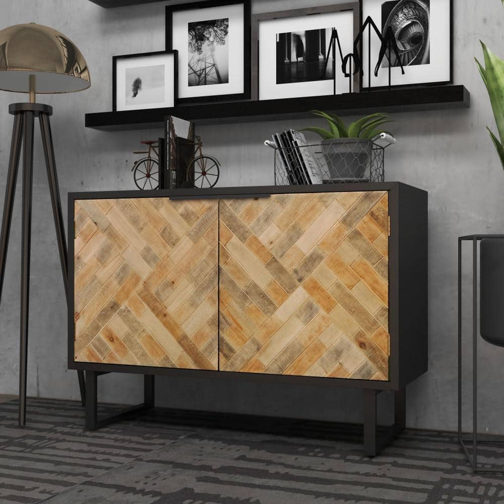 Black and Brown Geometric Wood Inlay Cabinet with Shelf