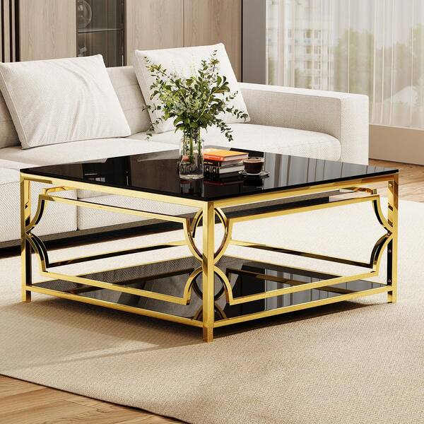 JUJABU 33.5 in. Black Square Glass Coffee Table with Gold Finish