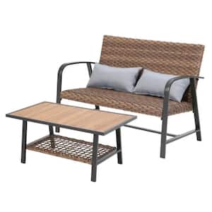 Black 2-Piece Wicker Outdoor Bistro Set with Gray Cushions