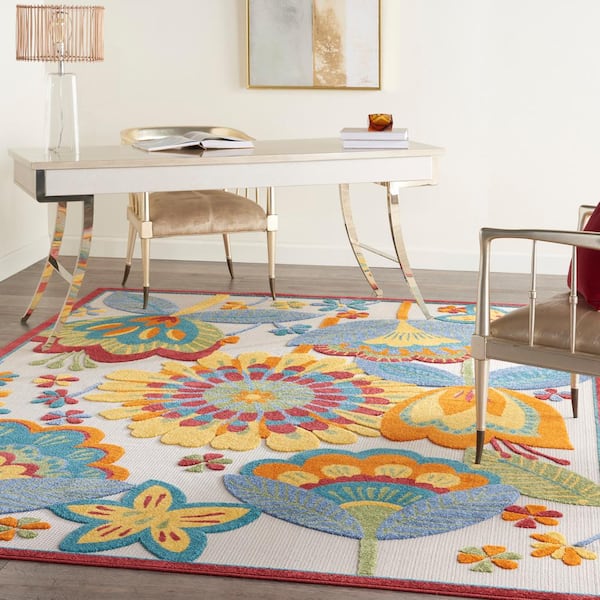 Aloha Multicolor 9 ft. x 12 ft. Floral Contemporary Indoor/Outdoor Patio Area Rug