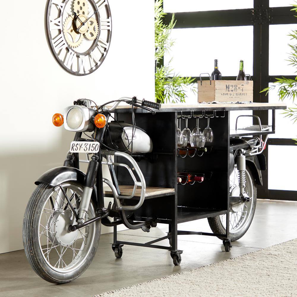Black Metal and Mango Wood Motorcycle Bar Cart