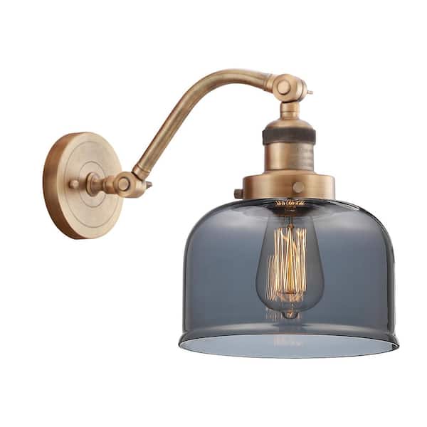 Innovations Bell 8 in. 1-Light Brushed Brass Wall Sconce with Plated Smoke Glass Shade