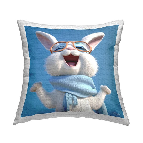 Stupell Industries Smiling Cartoon Rabbit Blue Square Outdoor Throw Pillow