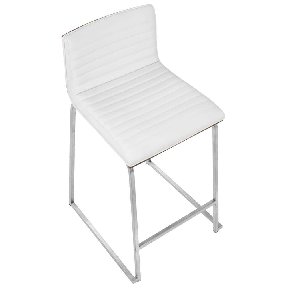 Elegant 26" Mara Modern Counter Stool in White Faux Leather and Walnut