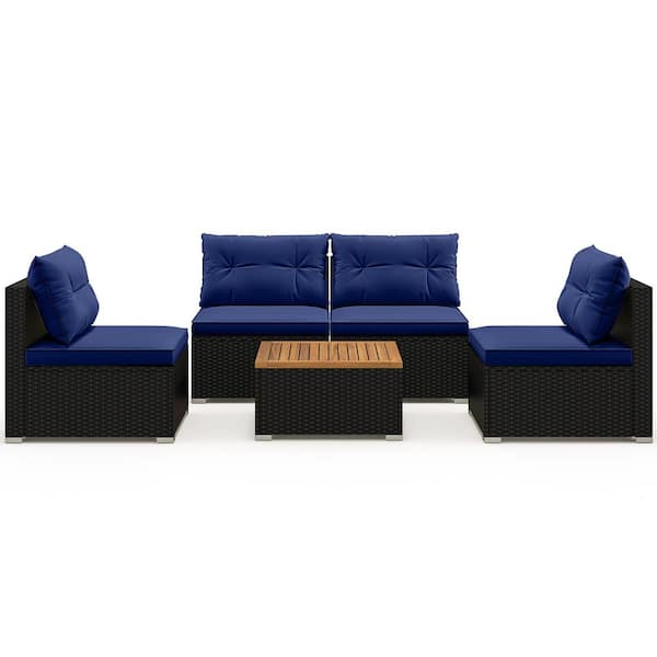 ANGELES HOME 5-Piece Wicker Outdoor Sectional Set with Solid Tabletop and So ft. Navy Cushions