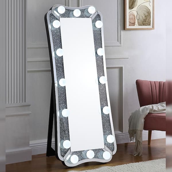 Benjara Cheval Mirror with Rhinestone Inlay and LED, Silver
