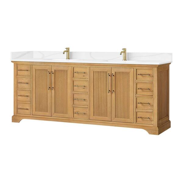 Tokyo 84 in. W. x 22 in. D x 44 in. H Double Bath Vanity in Oak Natural Brown with Silk White Quartz Stone Top