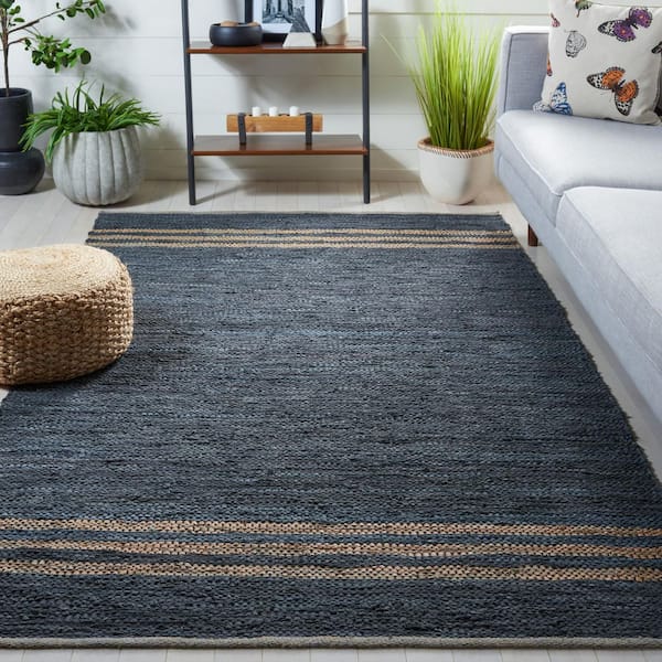 Vintage Leather 4 ft. x 6 ft. Blue/Beige Border Striped Area Rug