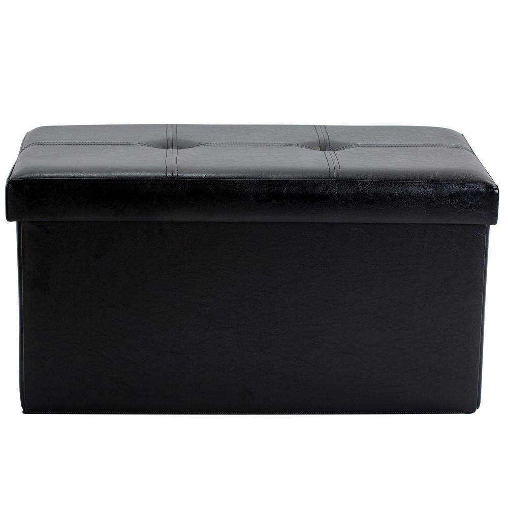 Black Faux Leather Collapsible Storage Ottoman with Tufted Top