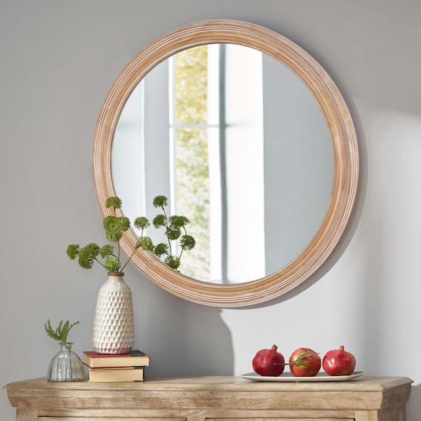 27.5 in. W x 27.5 in. H Round Wood Framed Decorative Mirror, Bathroom Mirror-for Bedroom, Entryway, Living Room