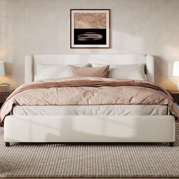 Beldon White Boucle Fabric Upholstered Wood Frame King Size Platform Bed with Thick Wingback Headboard