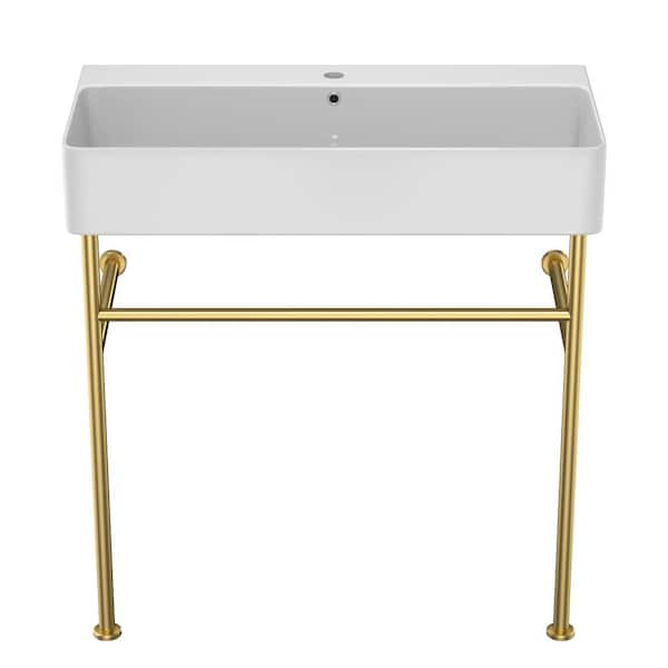 Zeus & Ruta 36 in. Ceramic White Single Bowl Console Sink with Basin and Gold Leg