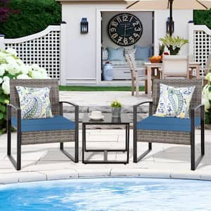 3-Piece Gray Wicker Outdoor Bistro Set with Blue Cushions