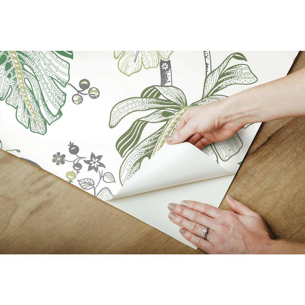 Green and Grey Boho Palm Peel and Stick Wallpaper Roll