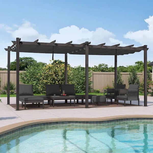 PURPLE LEAF 12 ft. x 18 ft. Gray Aluminum Frame Outdoor Patio Pergola with Gray Retractable Sun Shade Canopy for Porch Garden Beach