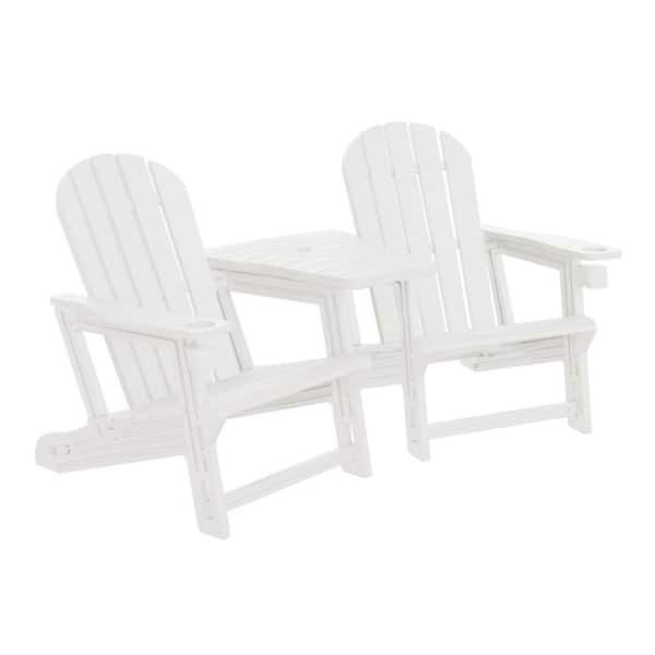 Coastline White Outdoor Patio All Weather Poly Plastic Adirondack Chair w/ Connecting Tray & Cup Holder Set of 2