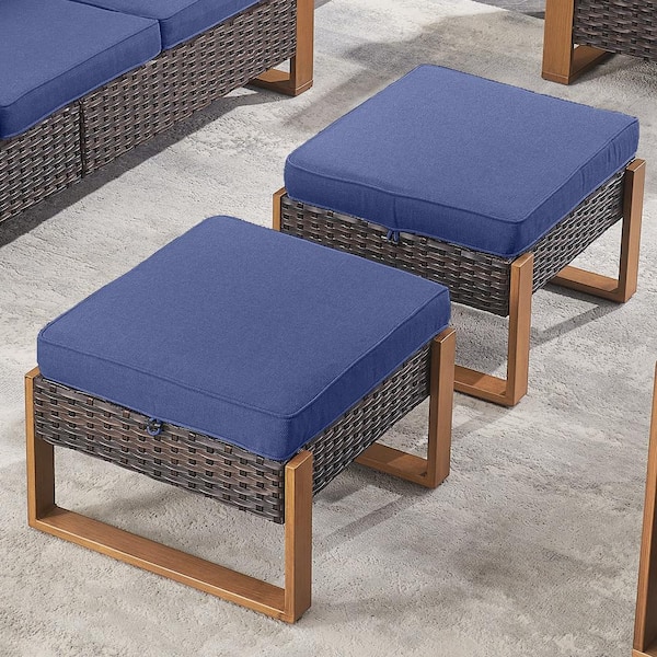 Brown Wicker Outdoor Ottoman with Wood-Looking Metal Legs with Navy Blue Cushions for Patio or Backyard Porch (2-Pack)