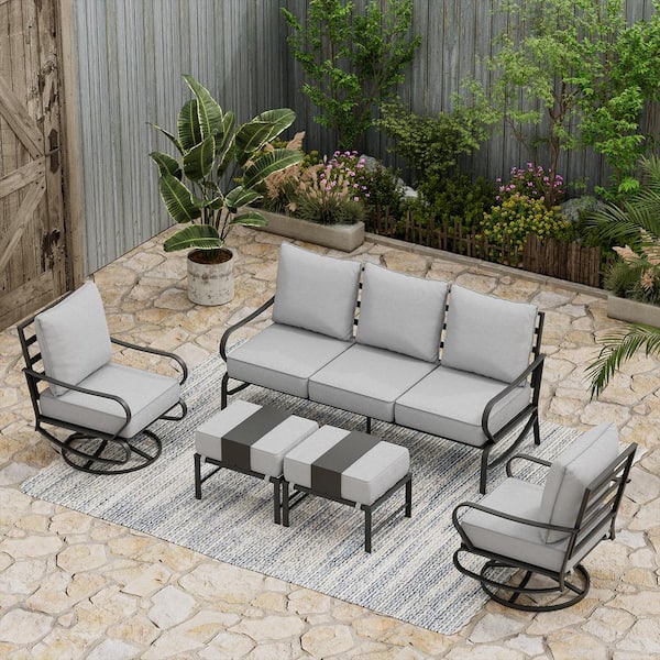 Black 5-Piece Metal Outdoor Patio Conversation Set 7-Seat Seating Set with Gray Cushions, 2 Swivel Chairs, 2 Ottomans