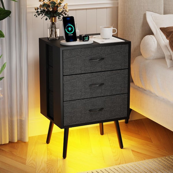 Black 2-Piece Modern Nightstand w/ Charging Station and LED Light, 3 Fabric Drawer Per Nightstand,End Table for Bedroom