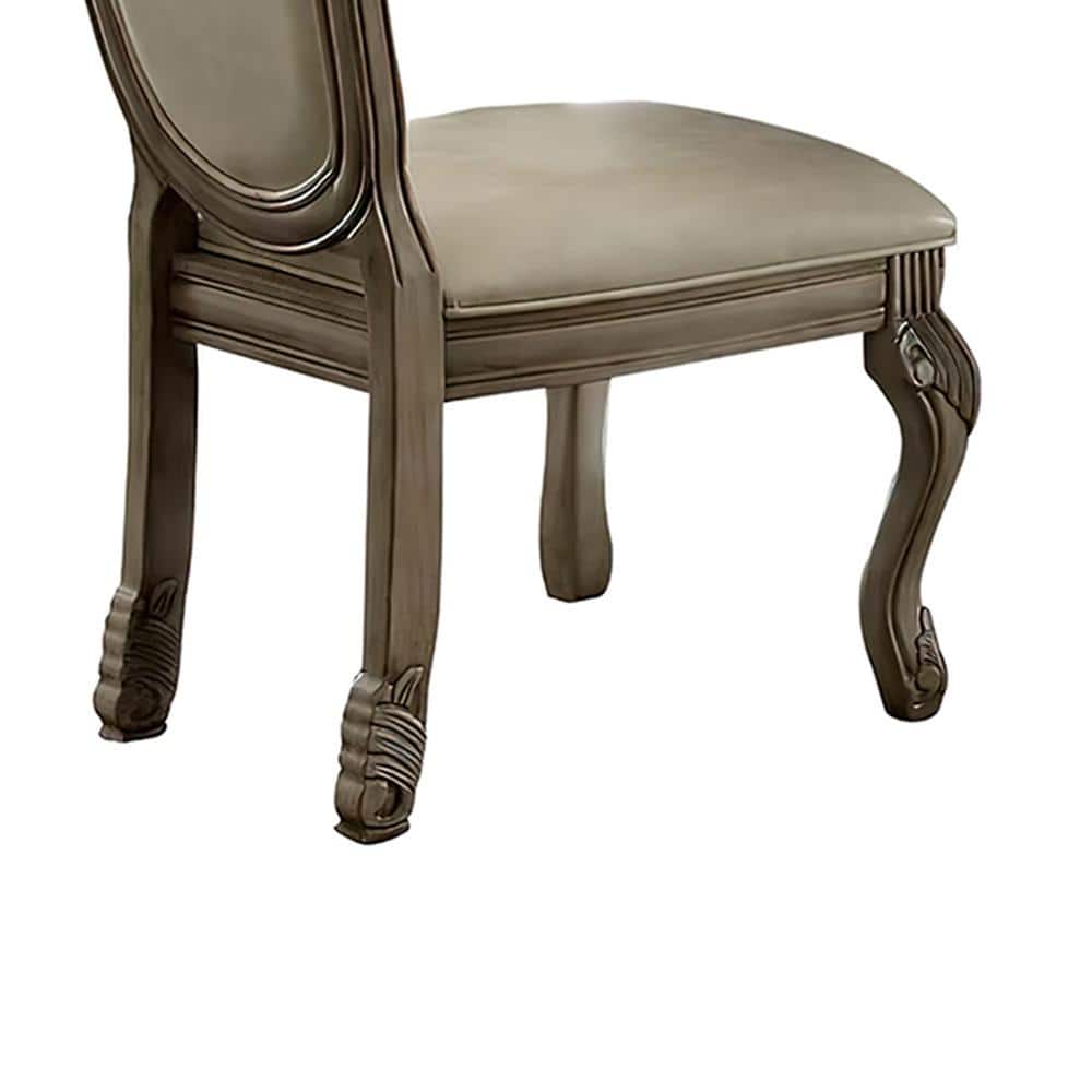 Antique White Upholstered Leather Side Chair with Wood Frame