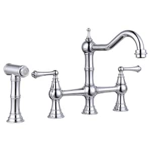 Elegant Double Handle Bridge Kitchen Faucet with Side Sprayer in Chrome