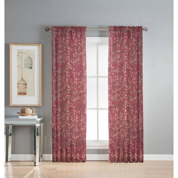 Window Elements Sheer Pinehurst Printed 54 in. W x 84 in. L Rod Pocket Extra Wide Curtain Panel in Sheer Burgundy
