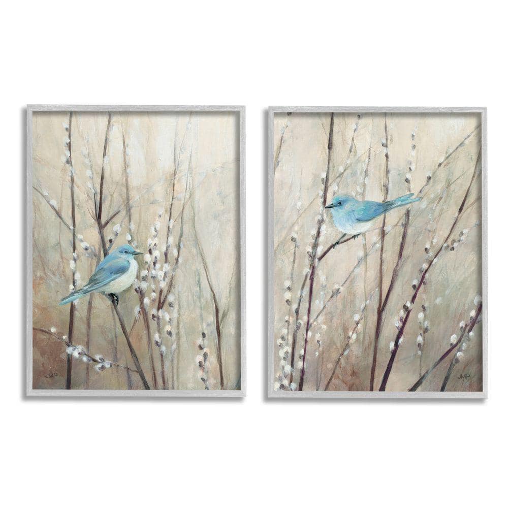 Peaceful Perched Blue Birds Animal Nature Canvas Print with Gray Frame