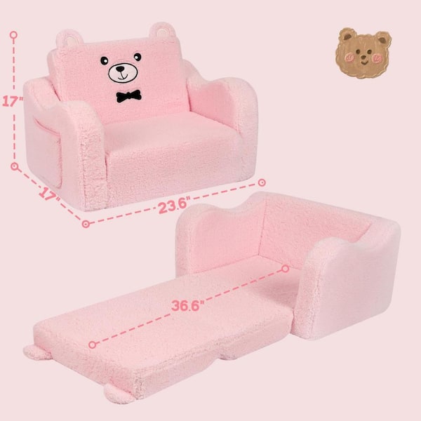 Angel Sar Pink Polyester 2-in-1 Kids Sofa Chairs, Teddy Bear