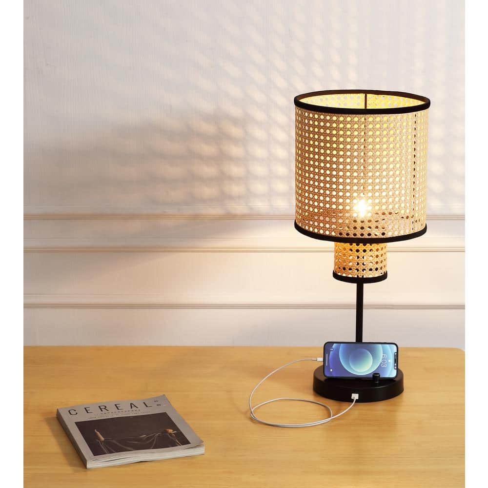 Nakuv 22'' Black Metal Table Lamp with Rattan Shade and USB Port
