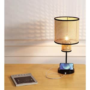 Modern Bohemian 22 in. Beige Tan Table Lamp, 2 Tier PVC Rattan Shade With Velvet Rim, With USB Port