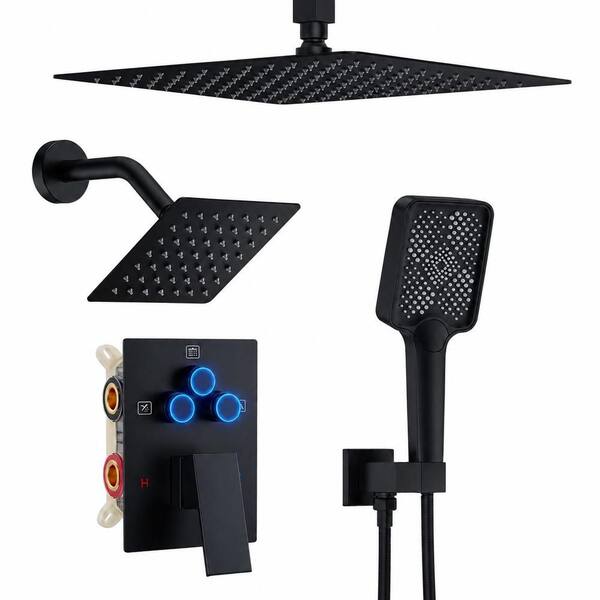 12 in. Ceiling Mount Rainfall Shower System with 6 in. Side Head, Handheld, Push-Button Diverter, Matte