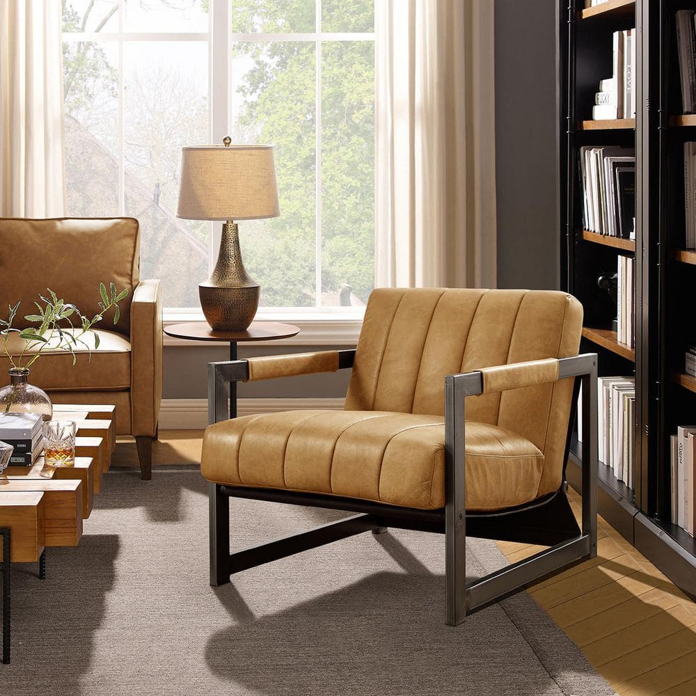 Art Leon Brown Top Leather Genuine Leather Accent Arm Chair with