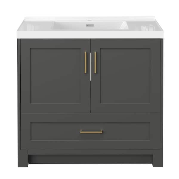 Eclipse 36 in. Freestanding Deep Gray Bath Vanity with White Single Sink Solid Surface Top Solid Wood Cabinet Assembled