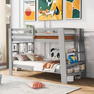 Gray Twin Over Twin Bunk Bed with Shelves and Built-in Ladder