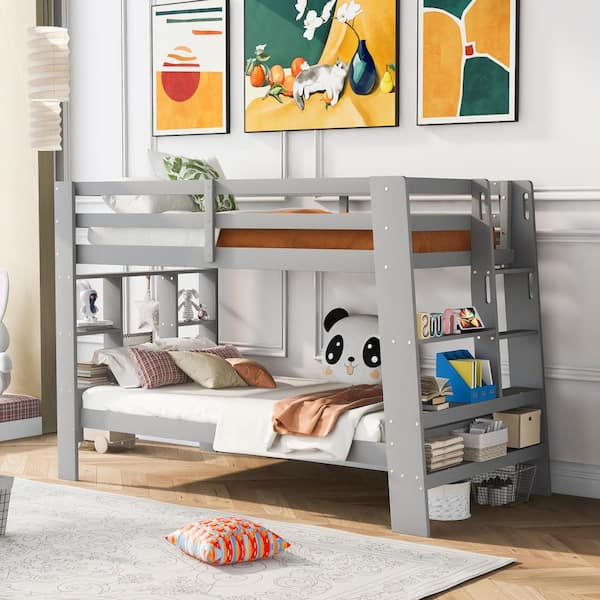 Polibi Gray Twin Over Twin Bunk Bed With Shelves And Built-in Ladder RS ...