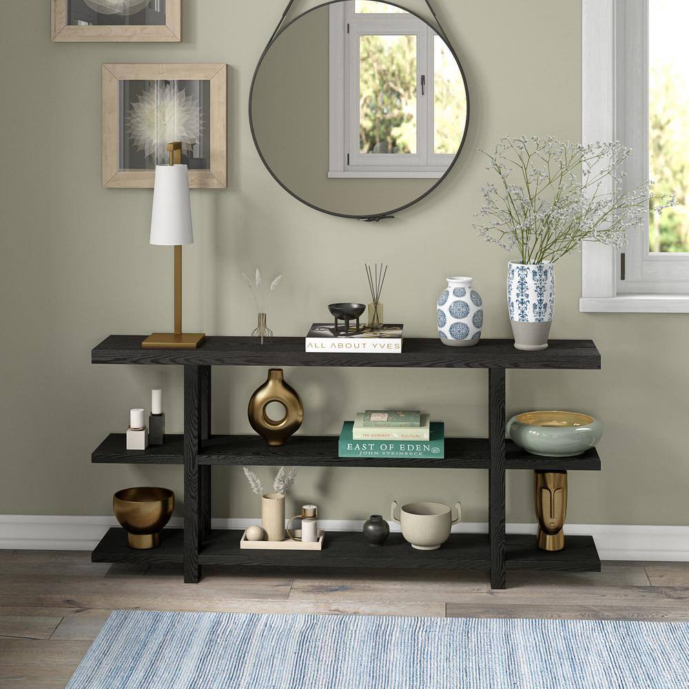 Acosta 64" Black Grain Wood and Metal Console Table with Storage