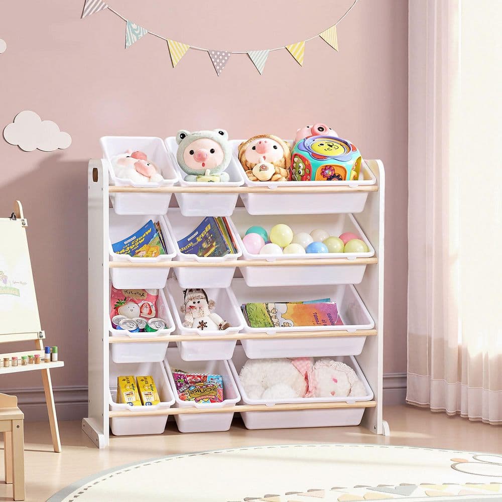 Kids Toy Storage Organizer with 12 Bins , Accent Cabinet for Toddlers, Playroom Storage Rack for Books and Toys, White