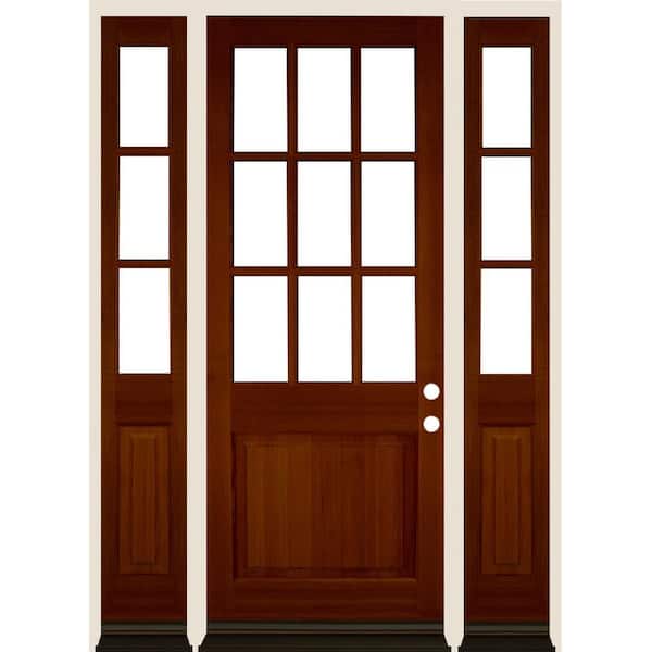 Krosswood Doors 64 in. x 96 in. Farmhouse 9-Lite Clear Glass Left Hand Red Chestnut Stain Hemlock Wood Prehung Front Door w/ DSL