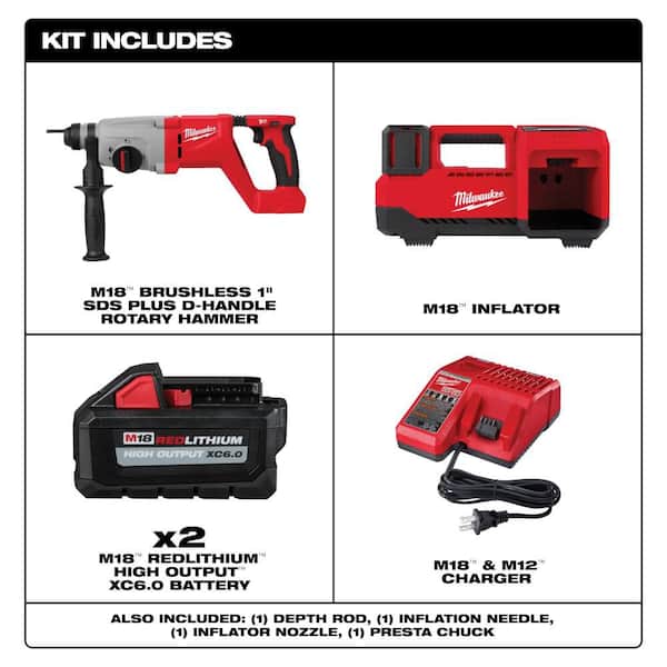 M18 18V Lith-Ion Brushless Cordless 1 in. SDS-Plus D-Handle Rotary Hammer w/ Inflator & (2) Battery & Charger Kit