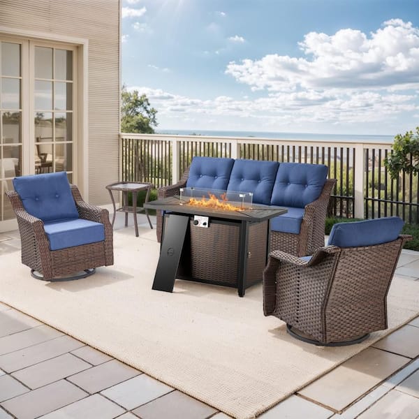 Henn 5-Piece Brown Wicker Patio Fire Pit Conversation Seating Set with Swivel Rocking Lounge Chairs with Blue Cushions