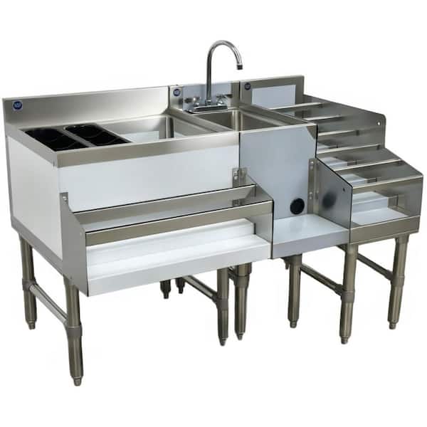 Satin 18 Gauge Stainless Steel 48.3 in. 2-Hole Freestanding Bar Sink EB24212S w/Faucet and Strainer Basket