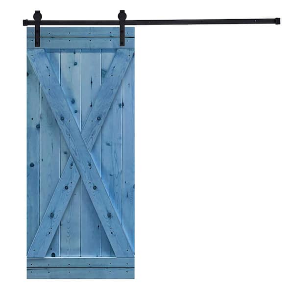 AIOPOP HOME X-Bar Serie 36 in. x 84 in. Royal Navy Knotty Pine Wood DIY Sliding Barn Door with Hardware Kit