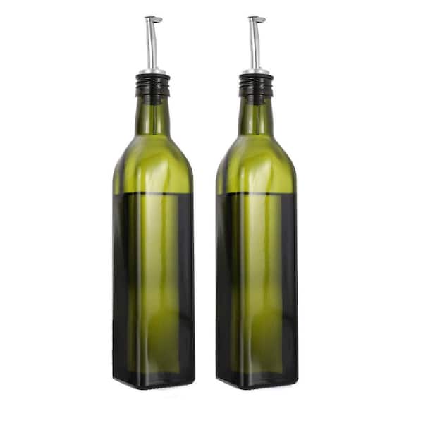 17 oz. Glass Dark Green Olive Oil Vinegar Dispenser Bottle Set with Pour Spouts Funnel Labels 2-Pack